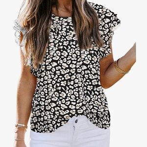 Animal Print Ruffle Flutter Sleeve Tops Blouses Summer Flowy Shirts Size XL